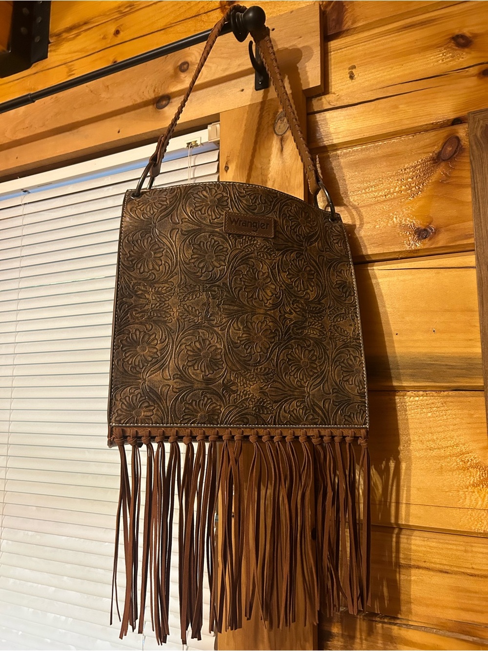 Wrangler Tooled Floral Brown Leather Fringe Shoulder Bag w/ crossbody strap